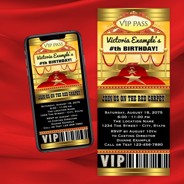 Hollywood Birthday Party Ticket Invitations (Red carpet birthday party invitation. Any birthday and red carpet event ticket style invitation.)