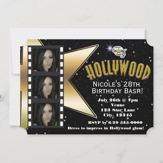 Hollywood Black & Gold 3 Photo Birthday Invitation (Front)
