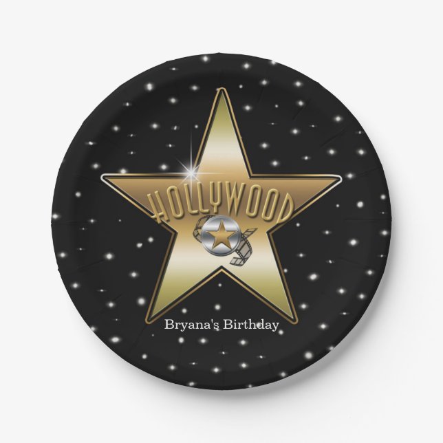 Hollywood Gold Star Black Birthday Party Paper Plate (Front)