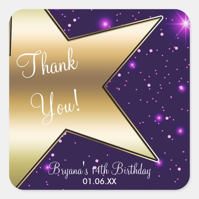 Hollywood Gold Star Purple Birthday Party Stickers (Front)