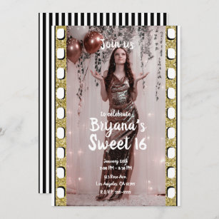 Hollywood Movie Gold Glitter Film Sweet 16 Party Invitation