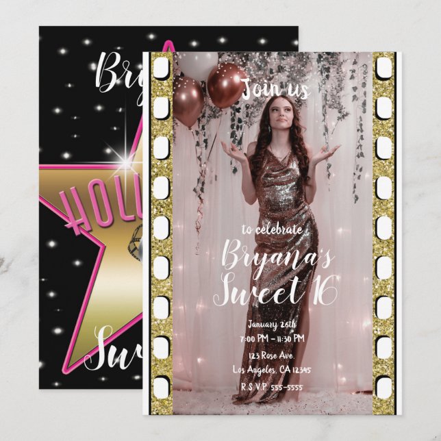 Hollywood Movie Gold Pink Star Film Sweet 16   Invitation (Front/Back)