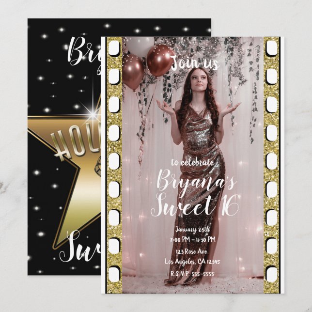Hollywood Movie Gold Star Film Sweet 16  Invitation (Front/Back)