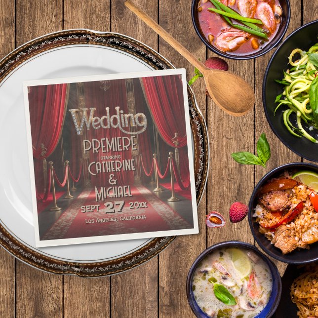 Hollywood Movie Red Carpet Premiere Wedding Napkin (Flat lay silver screen golden glitz glamour touch – Red Carpet Wedding Napkin)