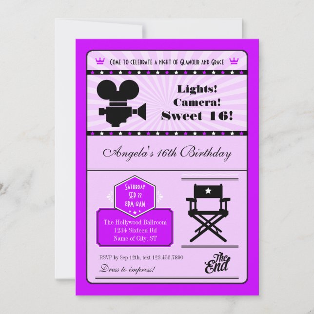 Hollywood Movie Sweet 16 Invitation (Front)