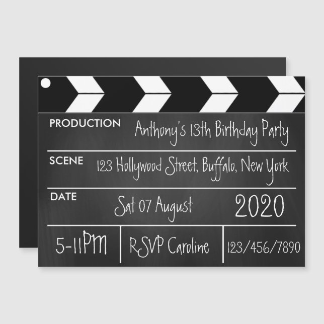 Hollywood Movie Theme Birthday Party Chalkboard Magnetic Invitation (Front/Back)