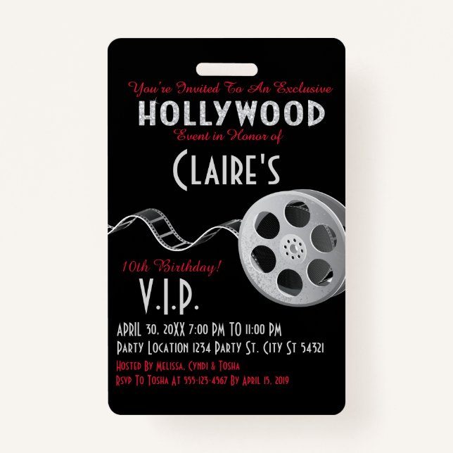 Hollywood Party Invitation ID Badge (Front)