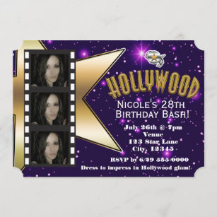 Hollywood Purple Stars 3 Photo Birthday Invitation