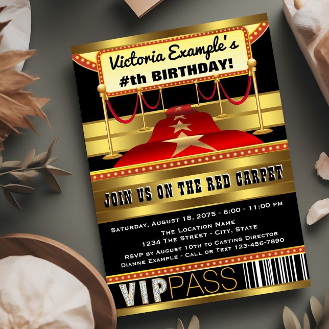 Hollywood Red Carpet Party Invitations (Red carpet birthday party invitation. Red, black and gold red carpet invitations for any occasion.)