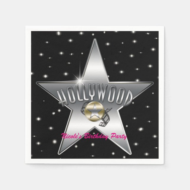 Hollywood Silver Star Black Birthday Party Napkin (Front)