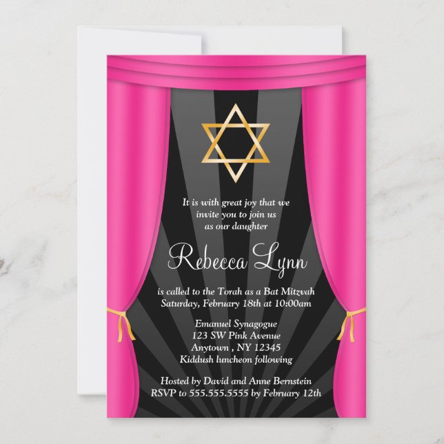 Hollywood Star of David Pink Bat Mitzvah Invitation (Front)