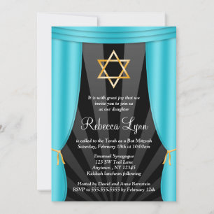 Hollywood Star of David Teal Blue Bat Mitzvah Invitation