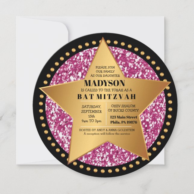 HOLLYWOOD STAR Pink Bar Bat Mitzvah Invitation (Front)