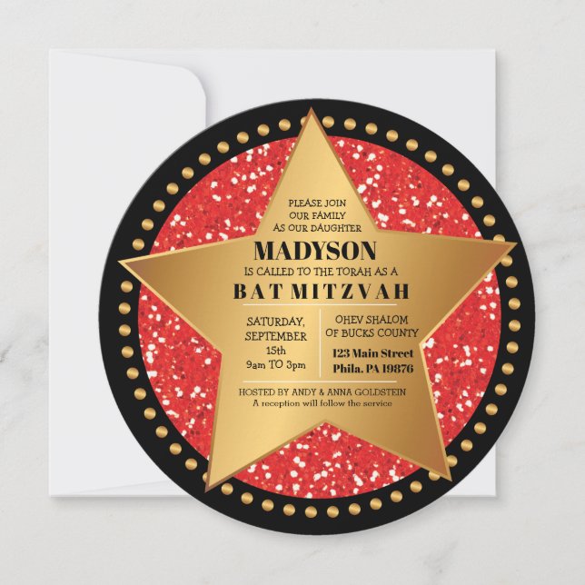 HOLLYWOOD STAR Red Bar Bat Mitzvah Invitation (Front)