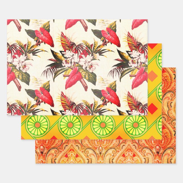 Hollywood Tropic, Bruxelles Apricot, and Thebes Wrapping Paper Sheet (Set)