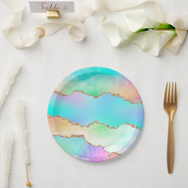 Holo Agate | Faux Iridescent Pastel Ombre Marble Paper Plate (Wedding)