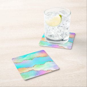 Holo Agate   Faux Iridescent Pastel Ombre Marble Square Paper Coaster