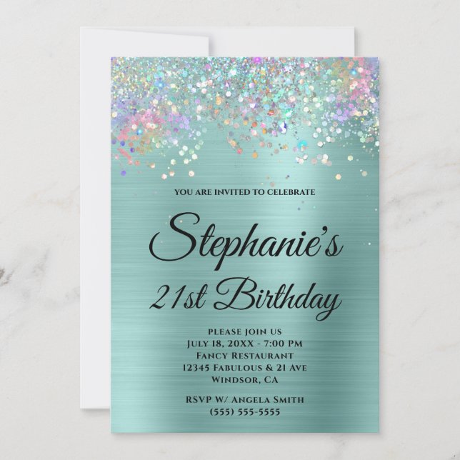 Holo Glitter Pale Turquoise Foil Fancy Monogram Invitation (Front)