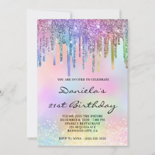 Holo Glitter Rainbow Drips 21st Birthday Invitation