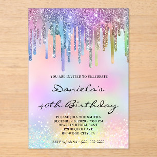 Holo Glitter Rainbow Drips 40th Birthday Acrylic Invitations