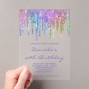 Holo Glitter Rainbow Drips 40th Birthday Acrylic Invitations