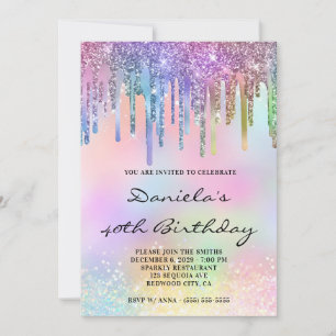 Holo Glitter Rainbow Drips 40th Birthday Invitation