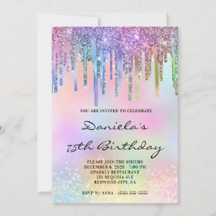Holo Glitter Rainbow Drips 75th Birthday Invitation