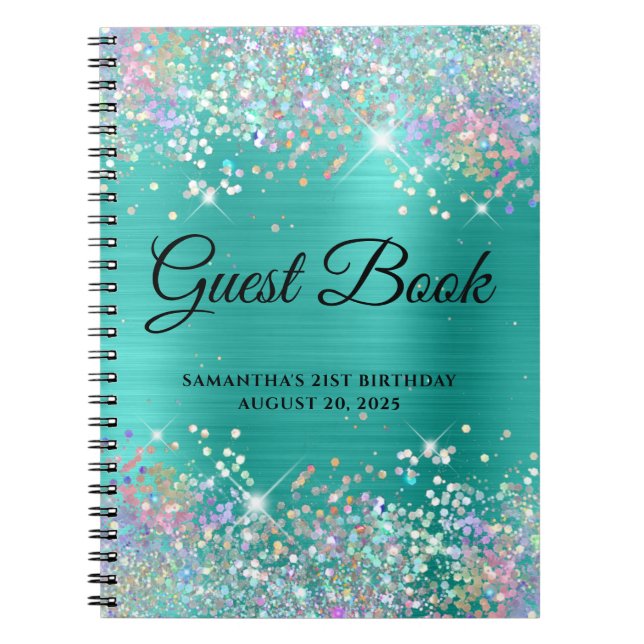 Holo Glitter Turquoise 21st Birthday Guestbook Notebook (Front)