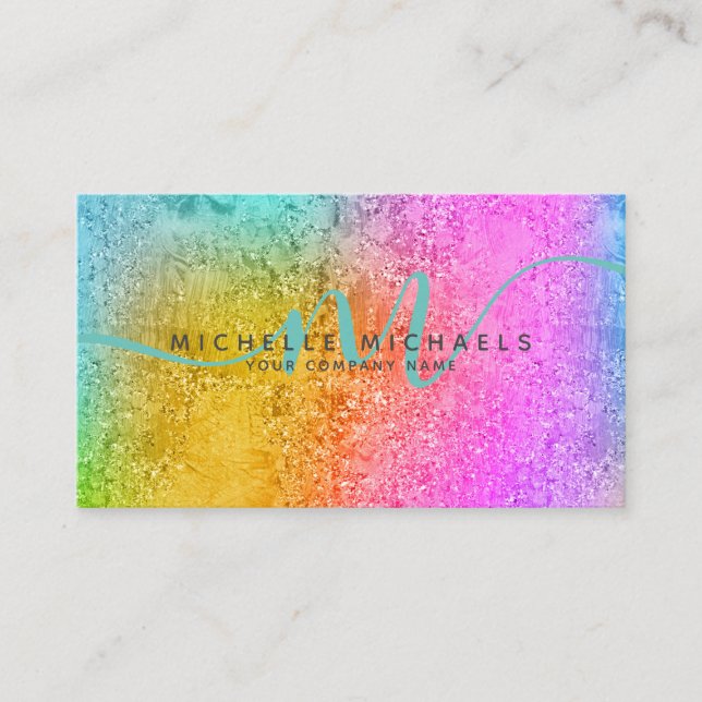 HoloGlam Hologram Glitter Monogram Script Business Card (Front)