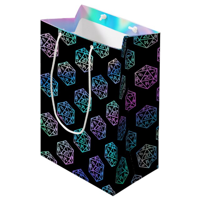 Hologram D20 Pattern | PnP Tabletop Gamer Dice Medium Gift Bag (Front Angled)
