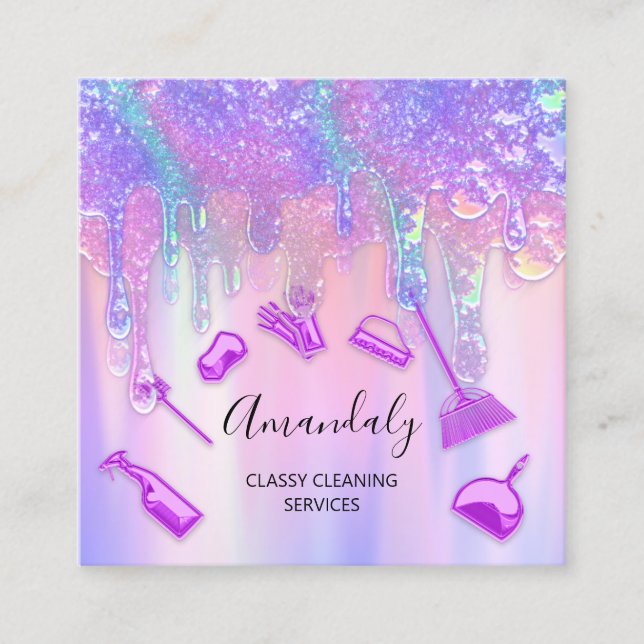 Holograph Drip Soap Pink Logo Cleaning Maid  Square Business Card (Front)