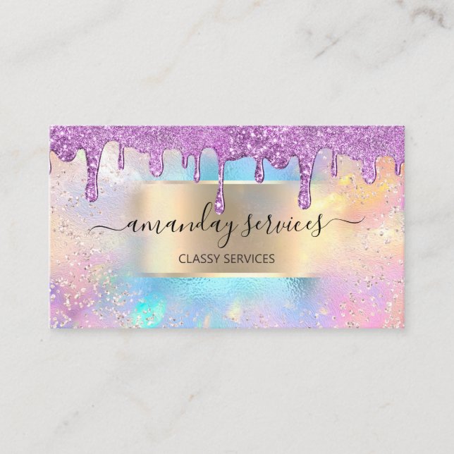Holograph Makeup Boutique Shop Ocean Purple Drips Business Card (Front)