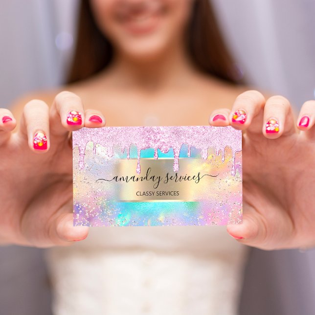 Holograph Makeup Lashes Boutique Gold Pink Drip Business Card (Creator Uploaded)