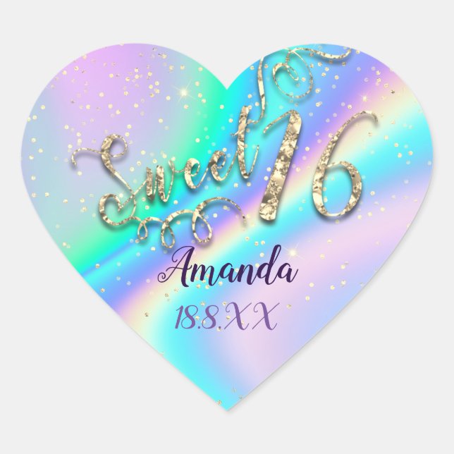 Holograph Sweet 16th Unicorn Heart Glitter Spark Sticker (Front)