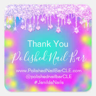 Holograph Thank Diamond Drip Nails Hot Pink Square Sticker
