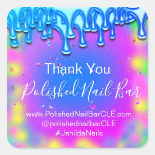 Holograph Thank You Boutique Drip Hot Pink Blue Square Sticker