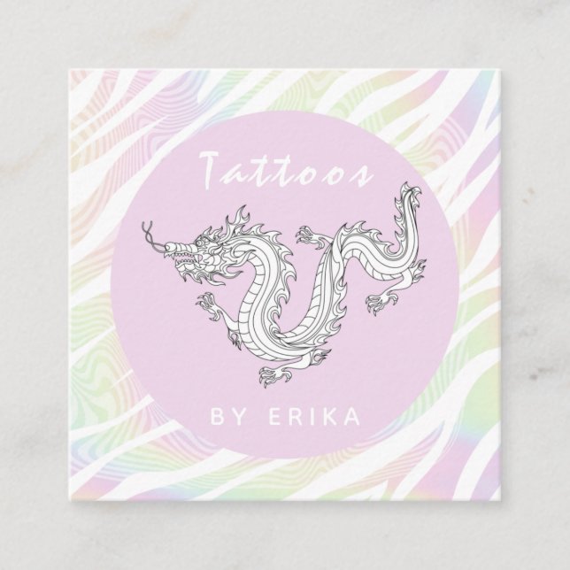 Holograph Tiger Stripe White Dragon Tattoo Artist Square Business Card (Front)