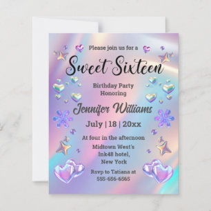 Holographic 3D Hearts Sweet 16 Birthday invitation