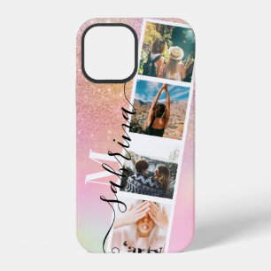 Holographic 4 photos grid collage name monogram iPhone 12 case