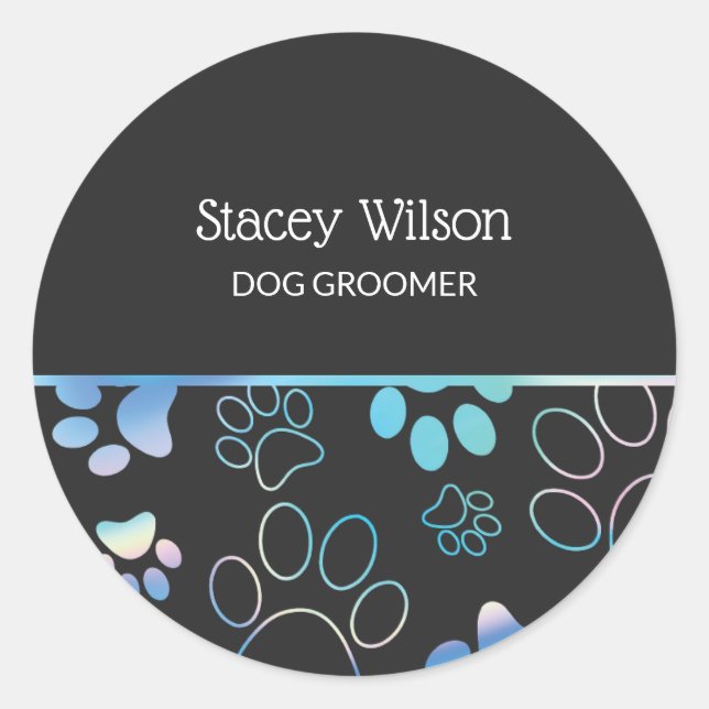  Holographic And Charcoal Paw Print Pet Groomer Classic Round Sticker (Front)