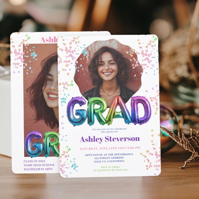  Holographic Balloon Lettering Graduation 2 Photos Invitation (Holographic Balloon Lettering Graduation 2 Photos Invitation)