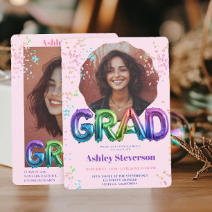Holographic Balloon Lettering Graduation 2 Photos Invitation