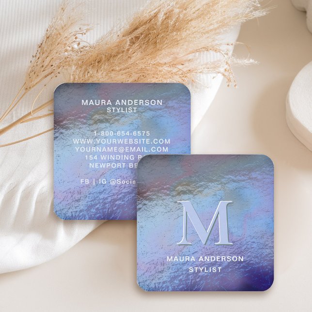 Holographic Blue Purple Modern Monogram Elegant Square Business Card (holographic business card square purple blue monogram hairdresser stylist artist lash nails makeup)