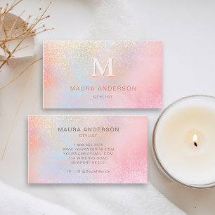 Holographic Blush Pink Modern Monogram Elegant Business Card