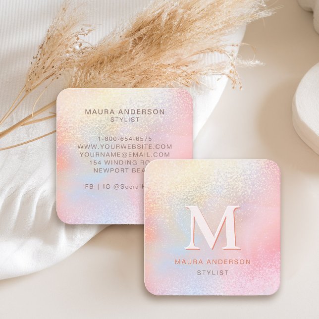Holographic Blush Pink Modern Monogram Elegant Square Business Card (holographic business card square pink blush monogram hairdresser stylist artist lash nails makeup)