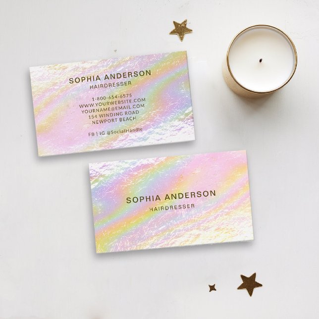 Holographic Brushed Pink Modern Minimalist Elegant Business Card (holographic business card pink rainbow modern hairdresser stylist coach content creator photographer)
