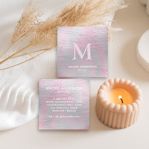 Holographic Brushed Pink Modern Monogram Elegant Square Business Card