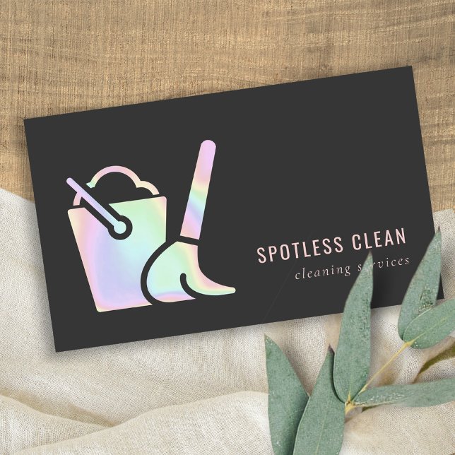 Holographic Bucket Broom Cleaner Cleaning Service Business Card (Creator Uploaded)