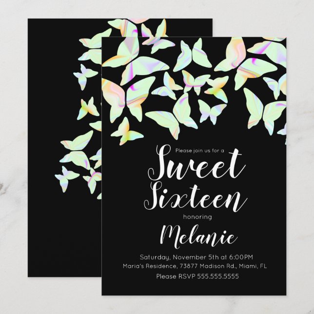 Holographic Butterflies Colourful Sweet Sixteen  Invitation (Front/Back)