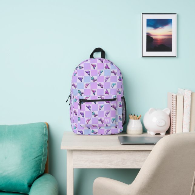 Holographic Butterflies Purple Chequerboard Printed Backpack (Insitu)